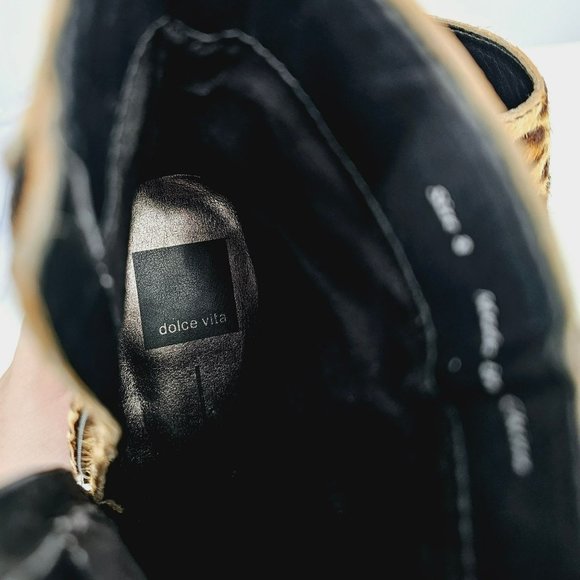 Dolce Vita Bel Ankle Booties 8 Brown Black Leopard Calf Hair Block Heel Side Zip - Picture 3 of 13